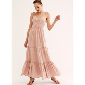 Free People FP Beach Langley pink linen blend tie-back ruffle sleeve maxi dress